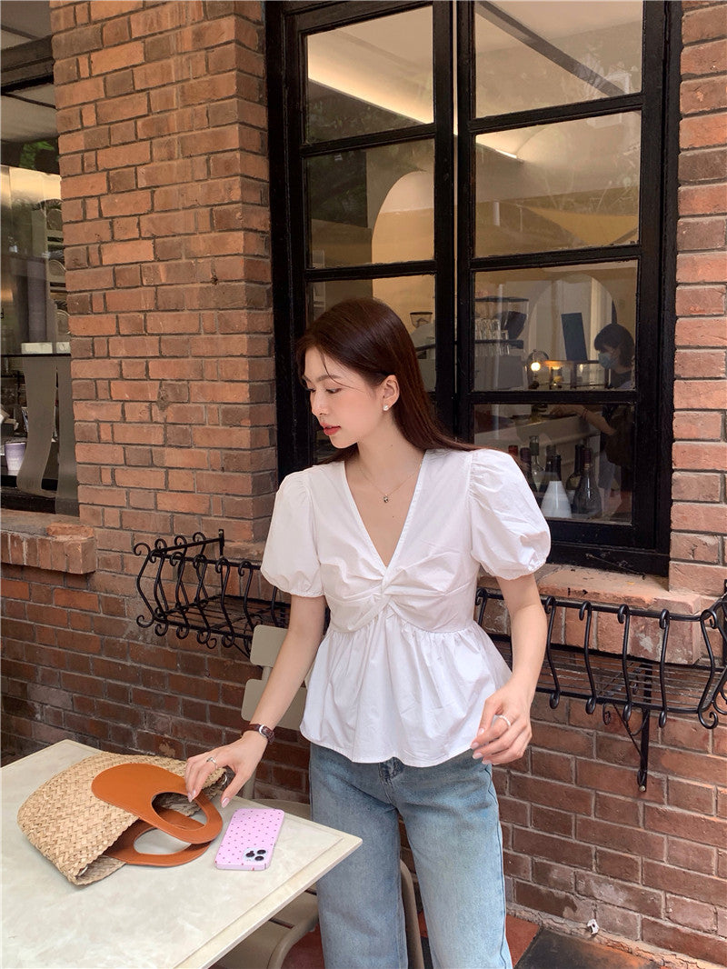 Mon.高腰v領口胸前抓皺上衣 白