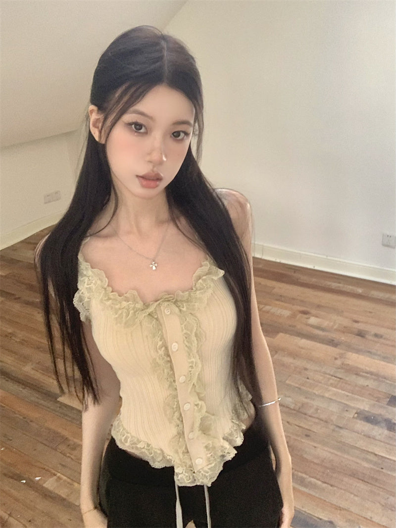 Fri. 復古蕾絲繞邊馬甲背心 卡其/黑