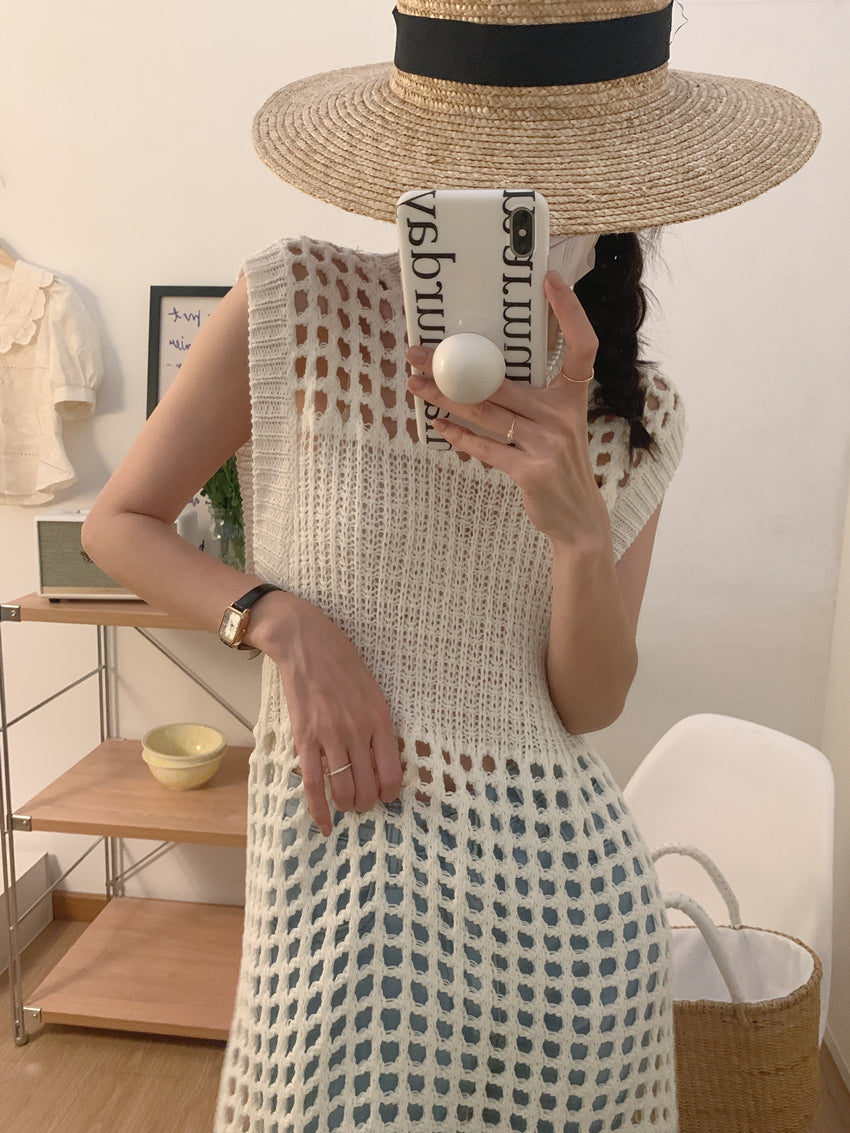 Thu. 縷空網子設計連身衣 白