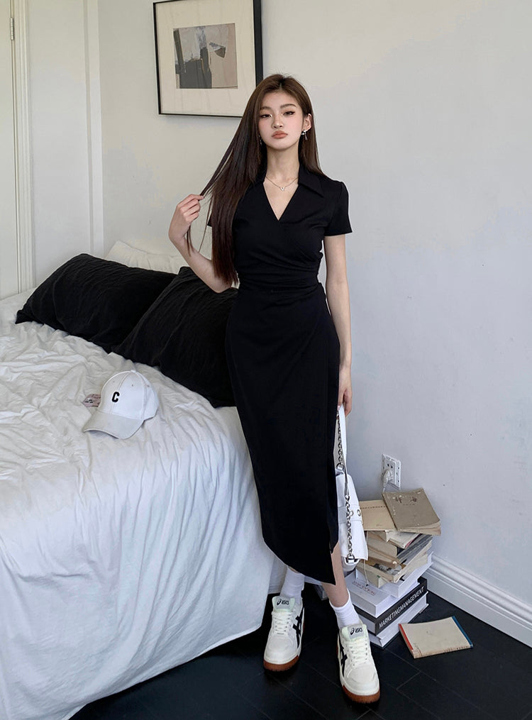 Mon. 襯衫V領腰側抓皺顯瘦連身長裙 黑