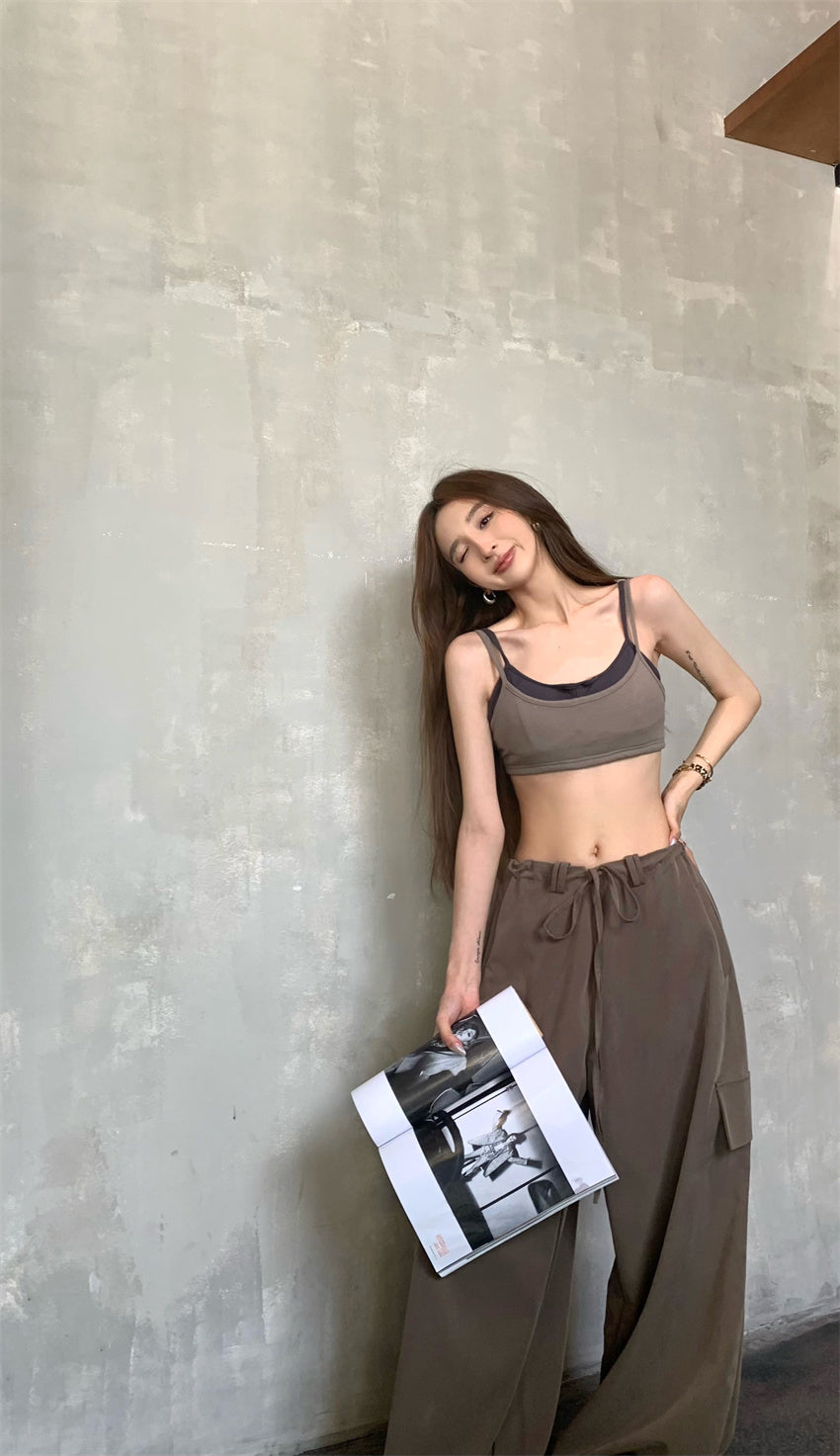 Thu. 撞色假兩件內搭背心 黑/咖