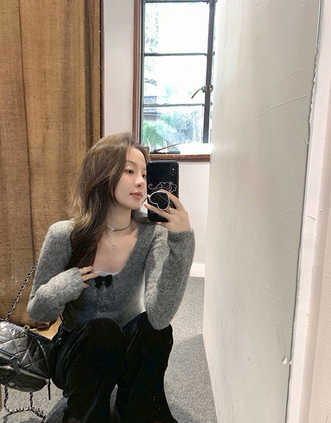 Fri. 可愛奈梨千金軟糯羊駝毛針織開衫 灰/杏