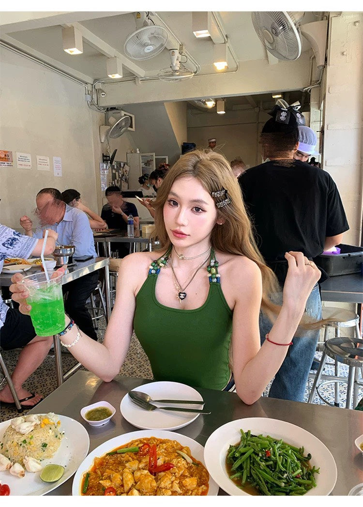 Mon. 串珠符號度假辣妹U領背心 綠