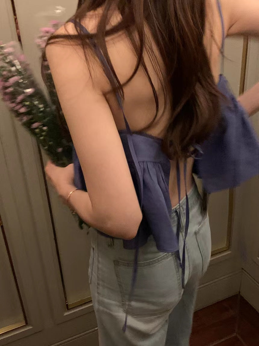 Wed. 後背綁帶美胸短版背心 黑/藍