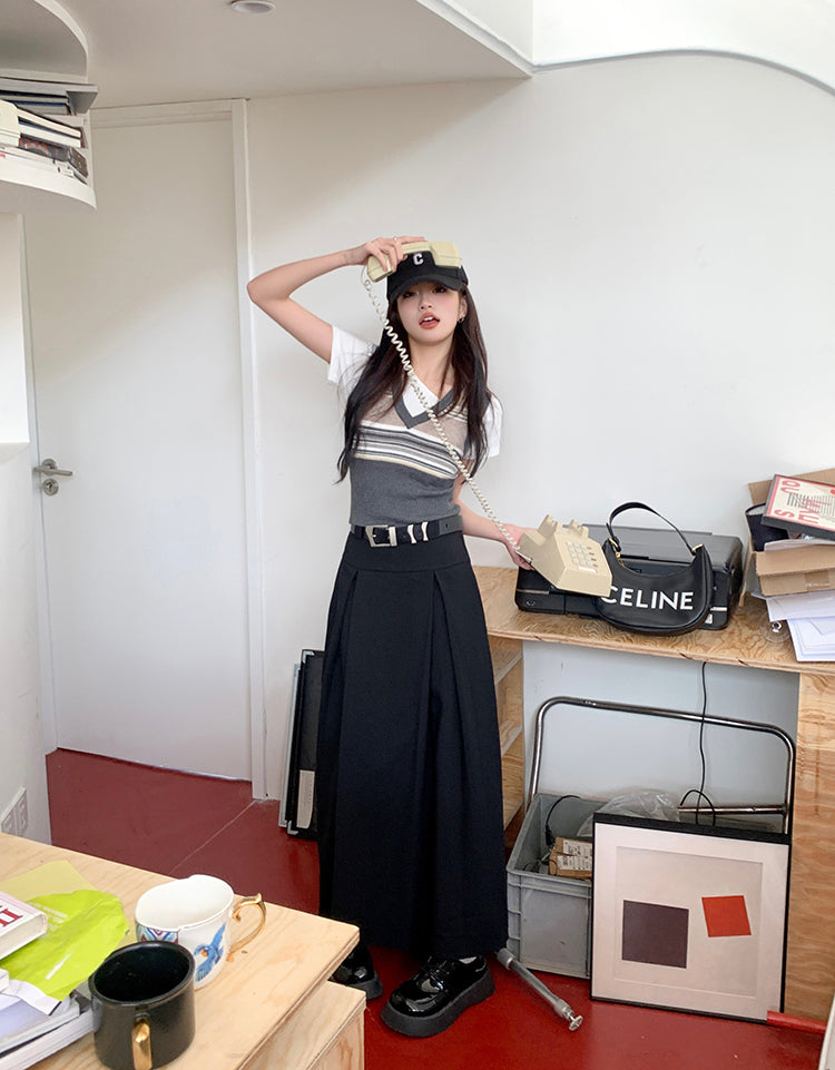 Mon. 質感西裝百摺長裙 黑