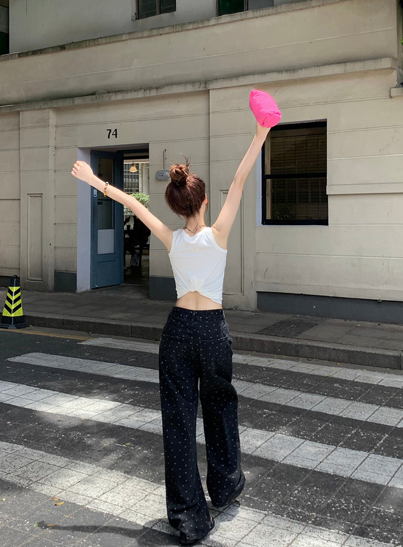 Mon. 波點牛仔寬褲 黑 新色