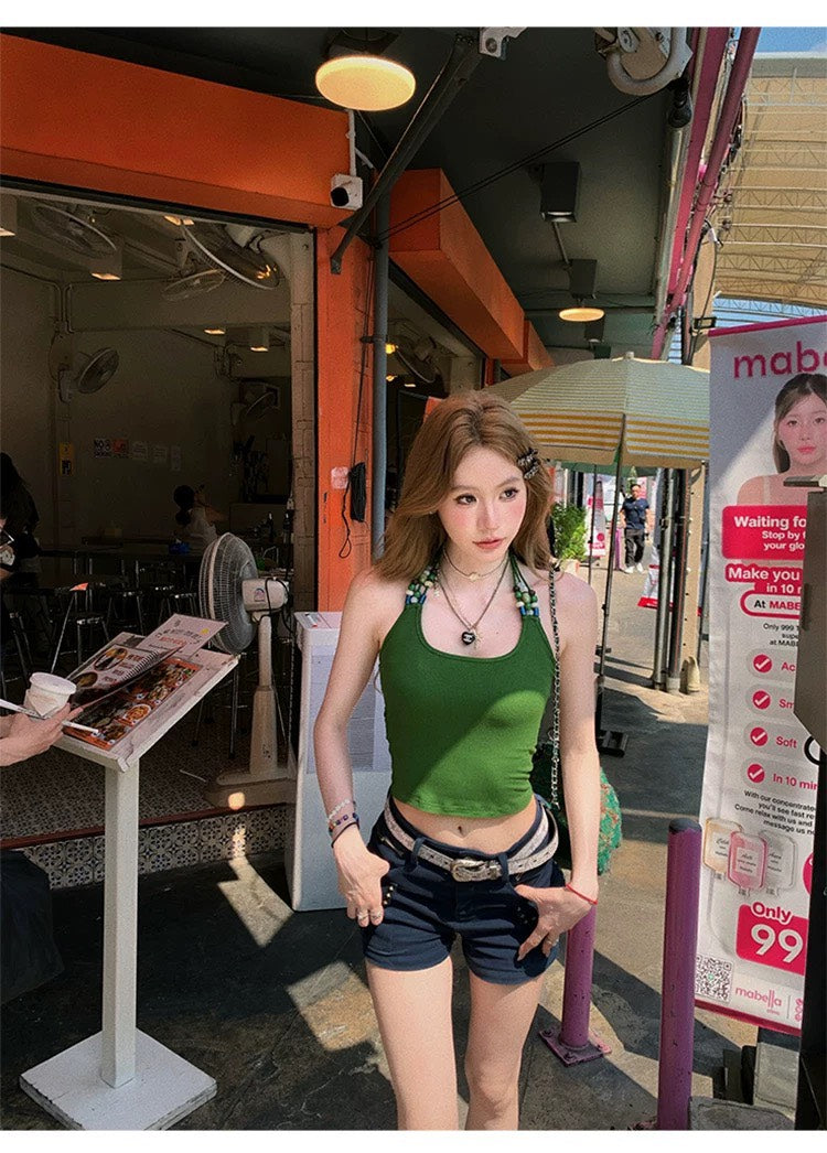 Mon. 串珠符號度假辣妹U領背心 綠