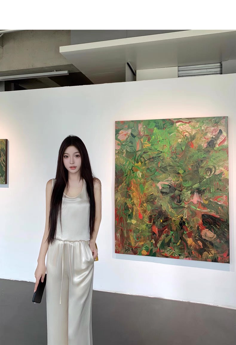 Mon. 嬌生慣養老錢簡約醋酸U領背心休閒褲套裝 香檳色