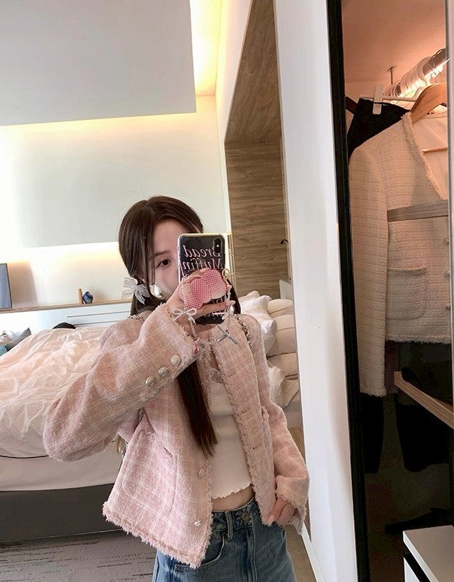 Fri. 少女甜心粉格粗呢小香外套