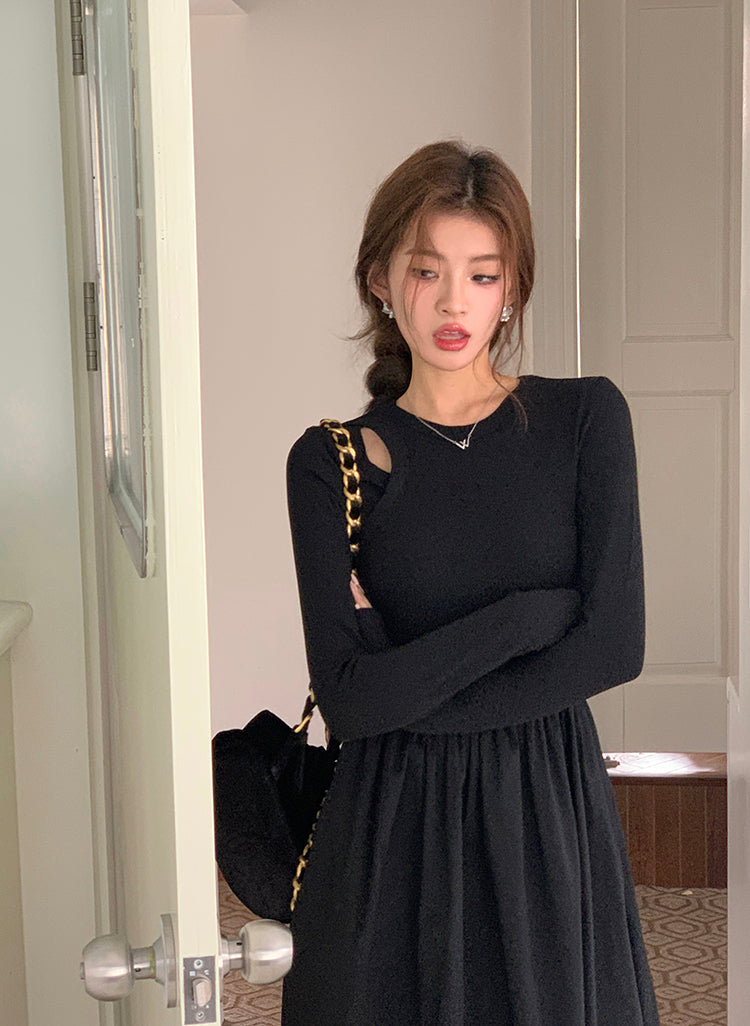 Fri. 優雅通勤 不規則縷空赫本連衣裙 黑