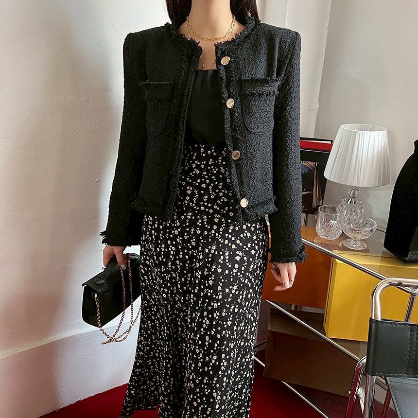 Thu. 小香粗呢鬚邊廓形西裝外套 白/黑