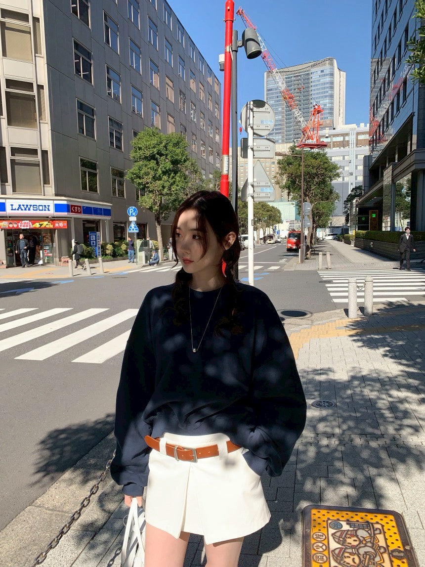 Fri. 休閒慵懶圓領衛衣 韓版百搭褲裙 藍衣白褲