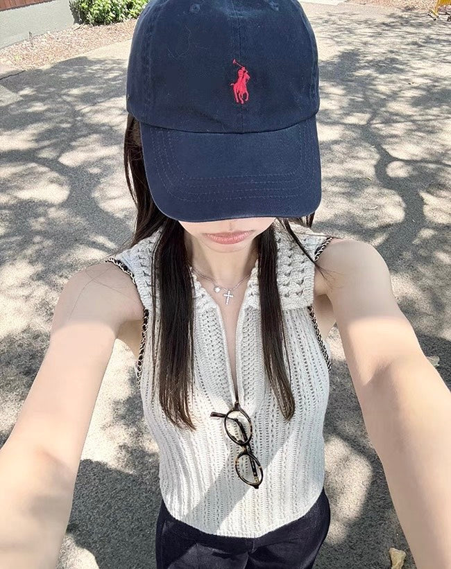 Mon. 法式浪漫 縷空老錢polo領粗針背心