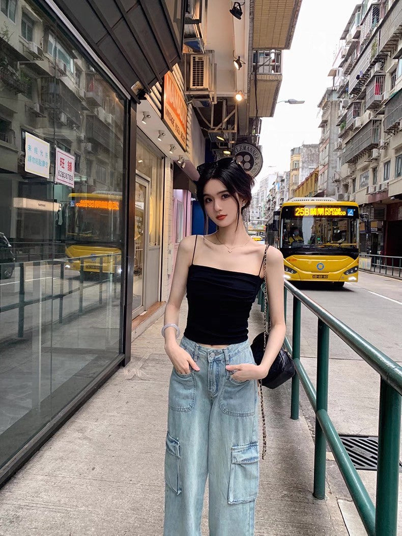 Fri. 春夏薄款帶胸墊抓皺顯瘦背心 灰/黑