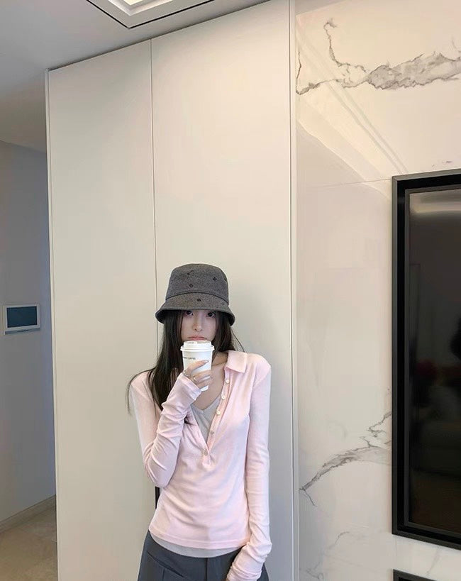 Mon. 輕鬆滿格不費力假兩件撞色V領長袖上衣 粉/灰