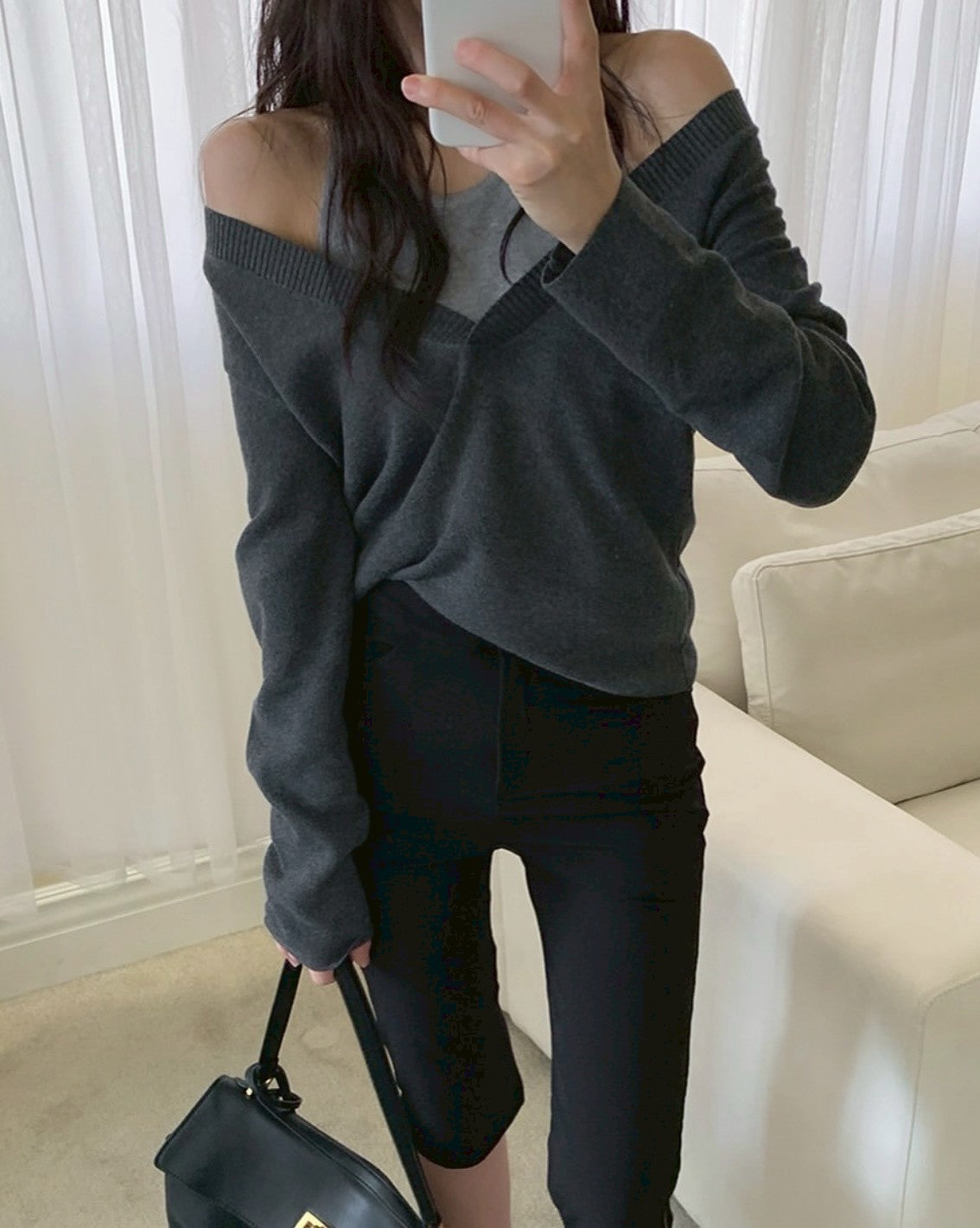 Fri. 氣質假兩件式撞色針織上衣 黑拼白/灰拼色