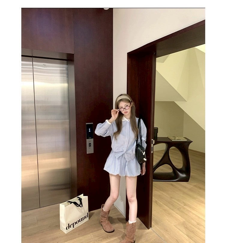 Tue. 冷調錫藍格紋花苞裙套裝