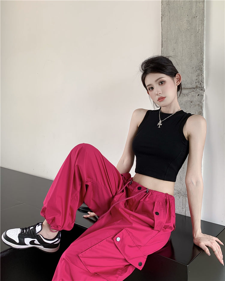 Wed. 桃紅束口工裝褲