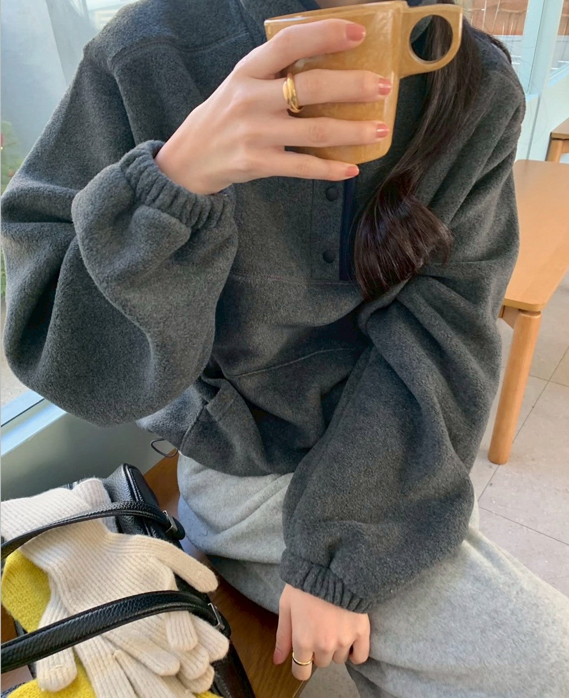 Mon. 暖呼羊羔毛立領保暖衛衣 淺灰/深灰