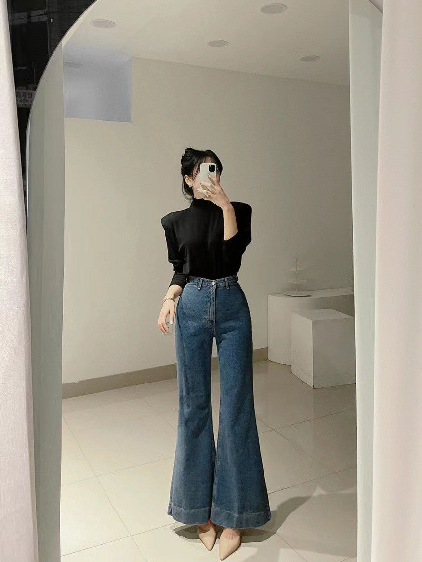 Mon. 韓chic百搭磨毛墊肩高領上衣 黑