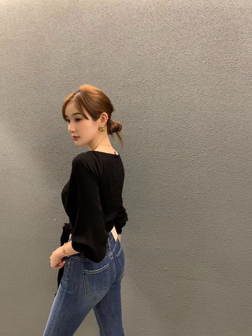 Thu. V領顯瘦短款綁帶雪紡衫 白/黑