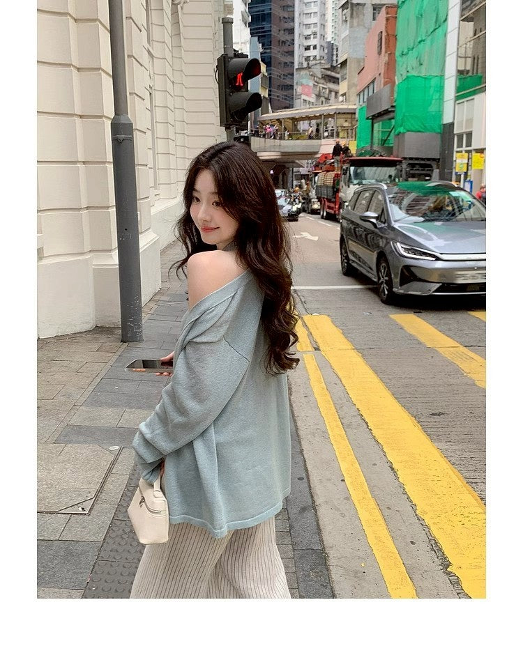 Thu. 自由領落仿天絲亞麻針織上衣2件套 鹽藍