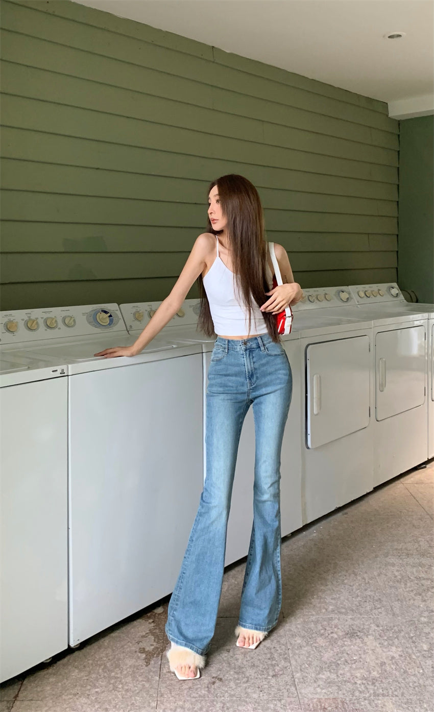 Mon. 復古顯瘦高腰喇叭褲 淺藍