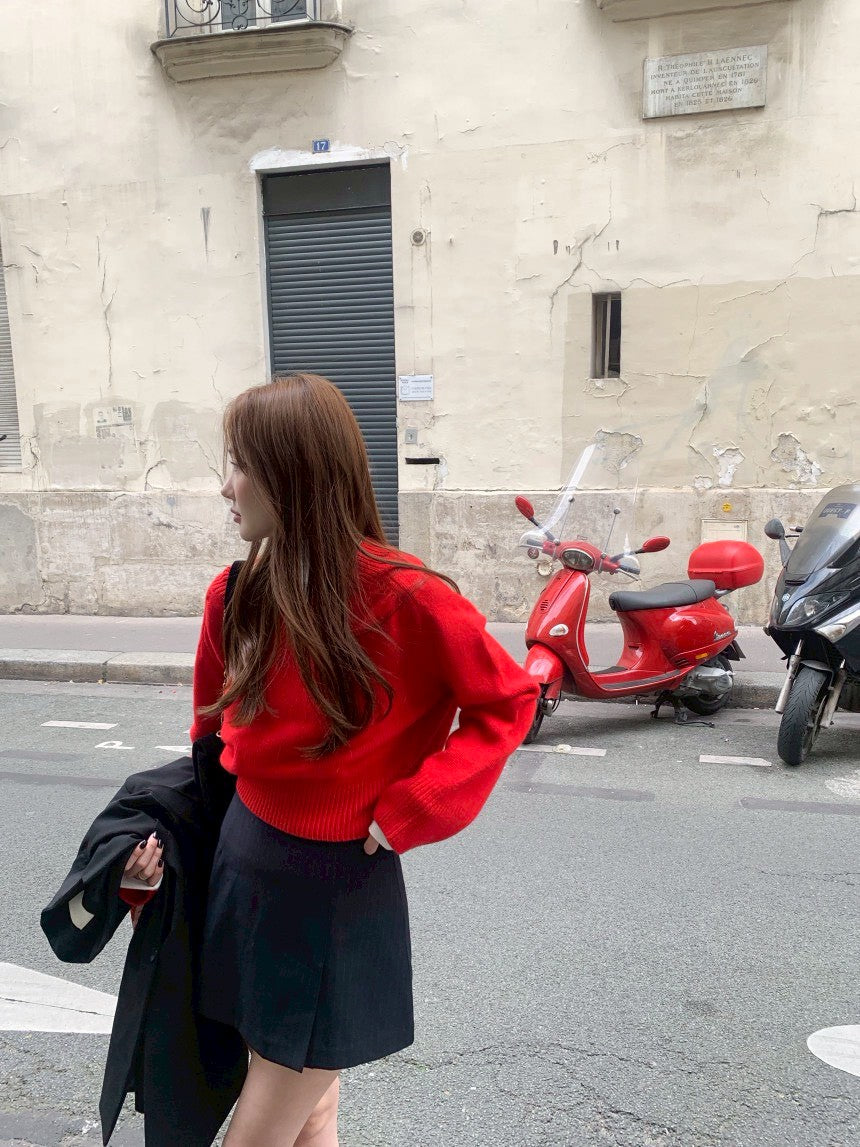 Fri. 賽爾畔冬日毛衣泡泡袖短款上衣 紅