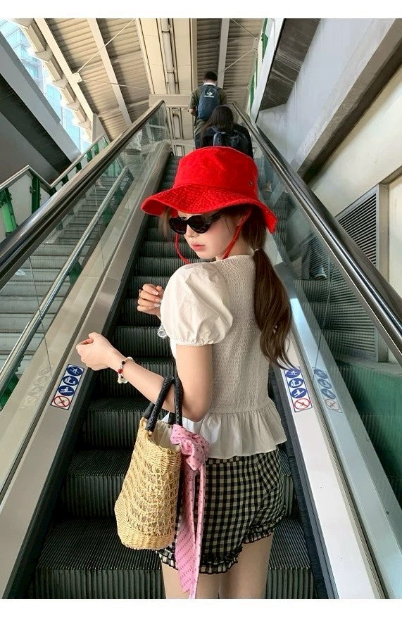 Mon. 冷雨玫瑰 清新泡泡袖繫帶上衣 白