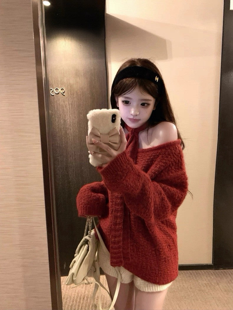 Tue. 氣質過節 聖誕vibe斜領純慾毛衣 紅/白