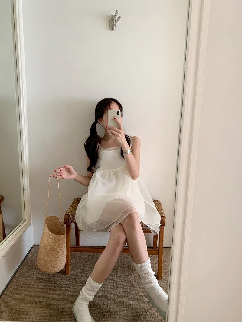 Mon. 雲朵飄飄後繫帶蝴蝶結網紗連身裙