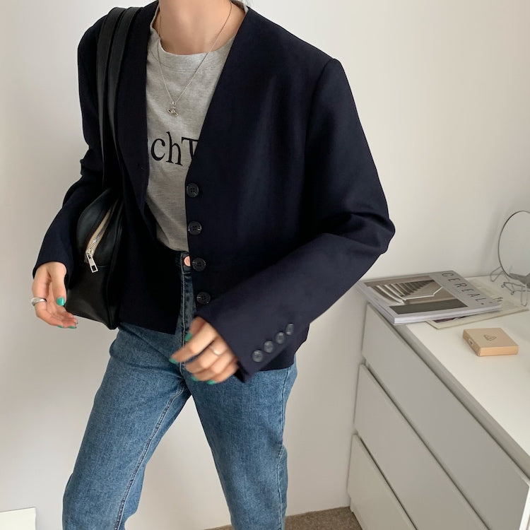Mon. v領短版鈕釦西裝外套 深藍