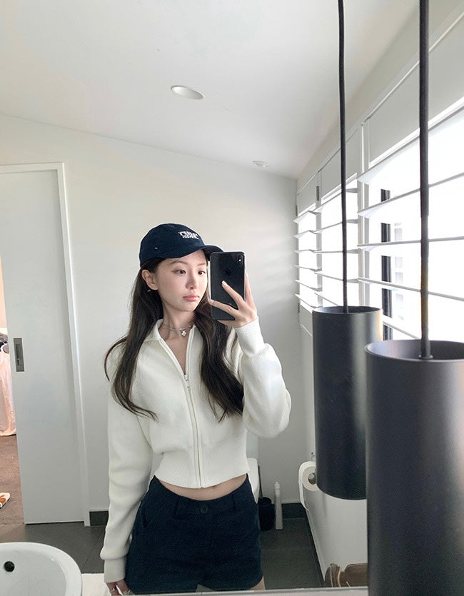 Fri. 乖乖女氛圍 大翻領收腰針織拉鍊上衣 白