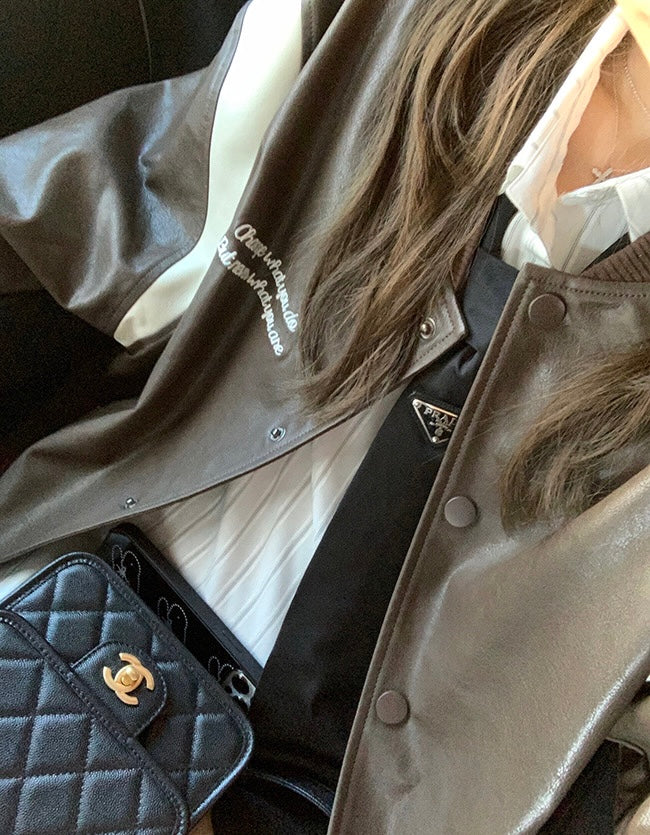 Sat. Towngirl復古拼色皮衣棒球外套 棕