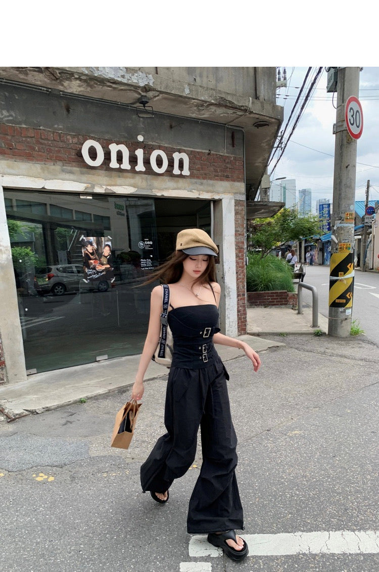 Sat. 朋克辣妹 機能設計感私服酷辣工裝抹胸 休閒褲 黑