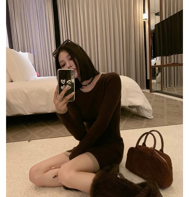 Sun. 顯瘦修身拼色辣妹裙 咖