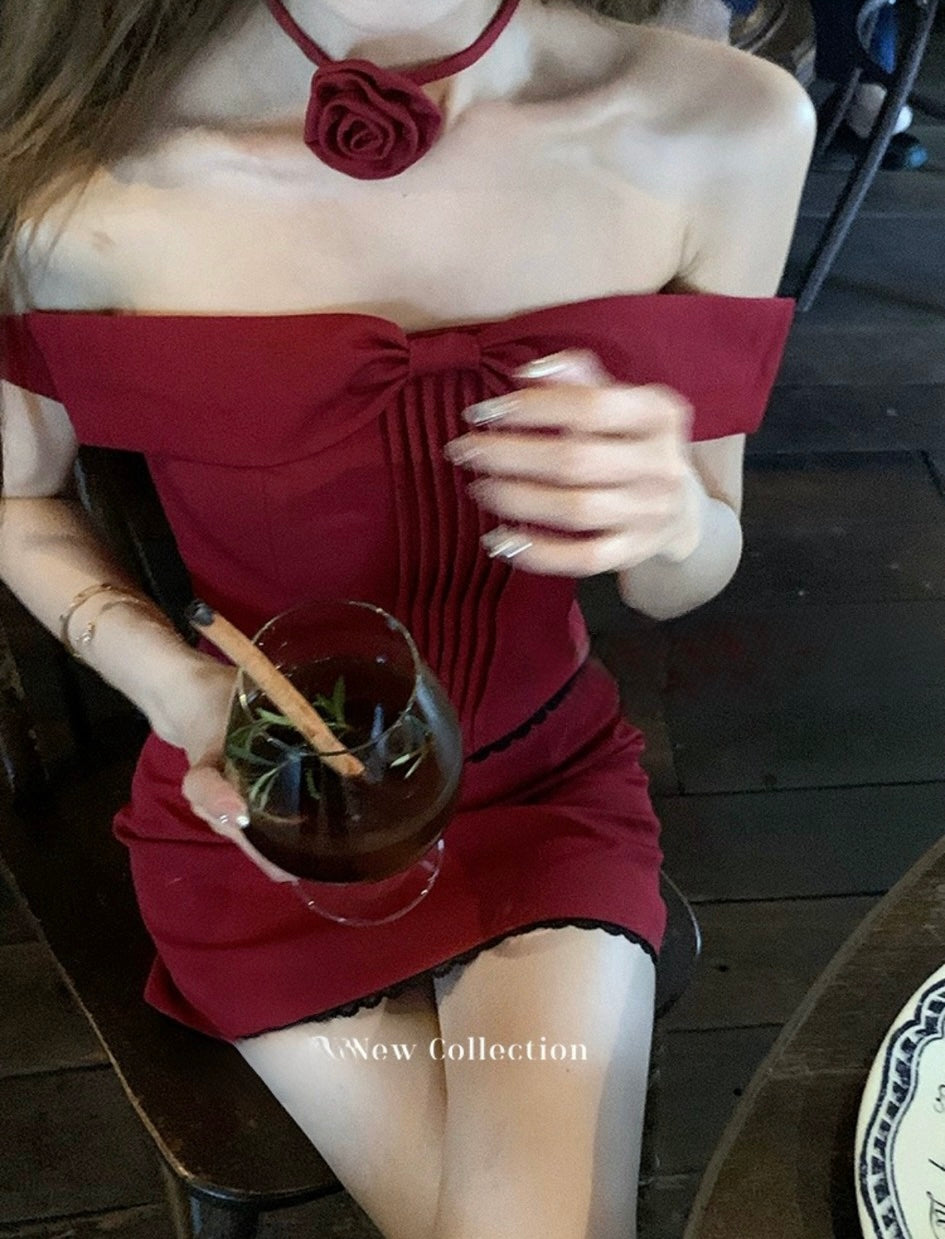 Sat. 濃情蜜意 紅玫瑰可拆卸一字領抹胸半身裙套裝