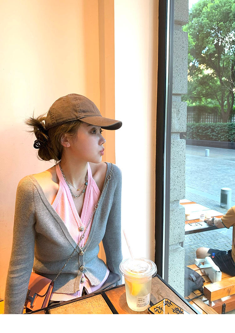 Sat. 假2件式露肩V領上衣 灰粉