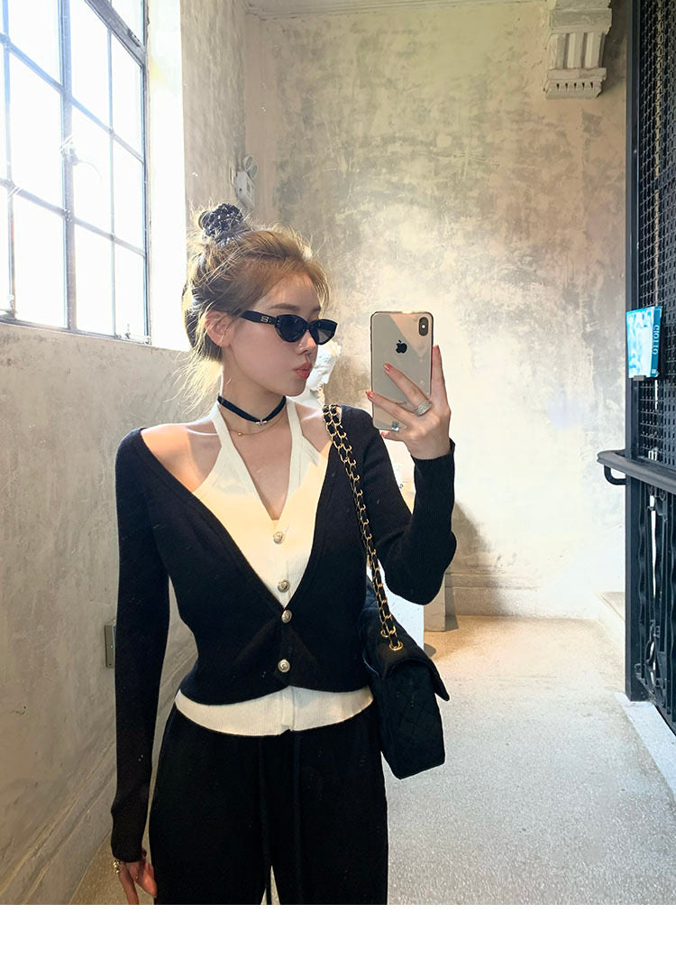 Sat. 自留款2件式露肩V領上衣 黑白