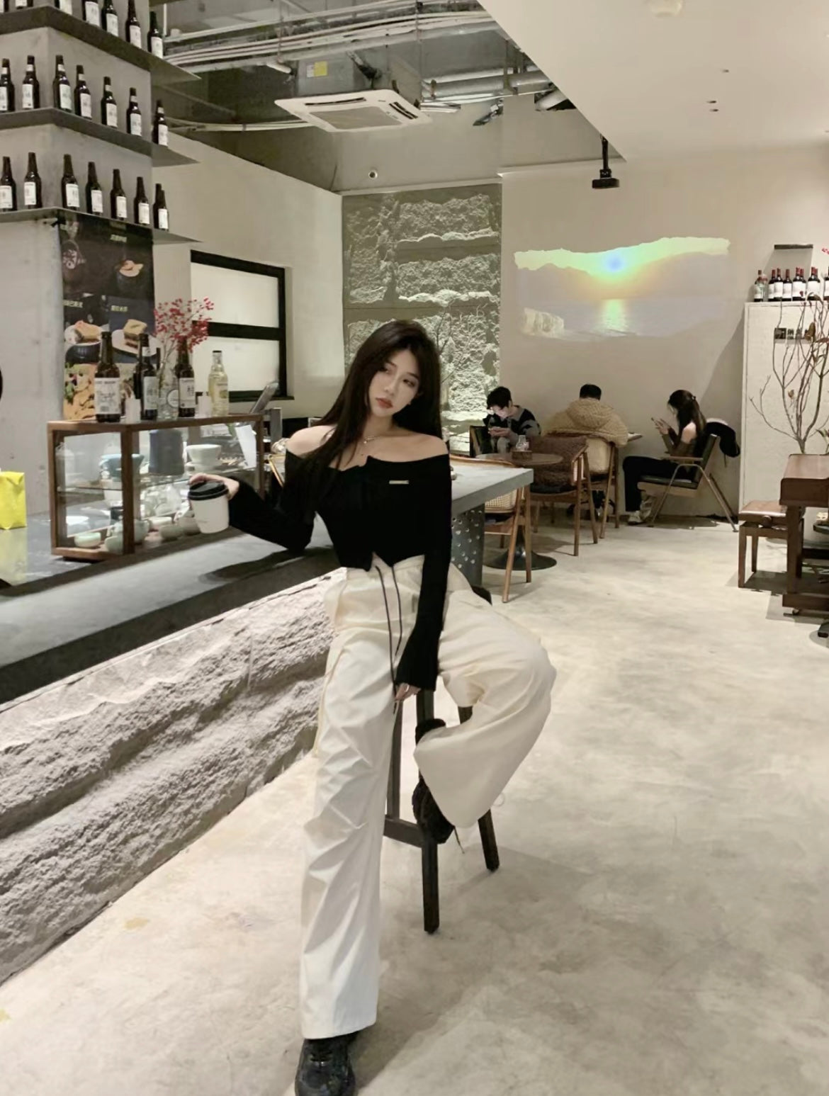 Wed. 美式撞色抽繩工裝褲 米白