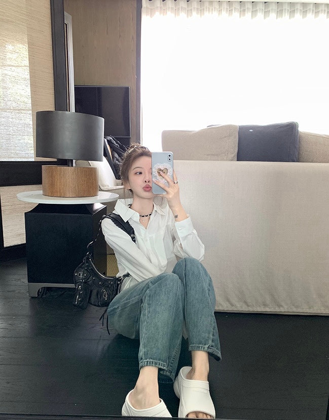 Mon. 復古高腰丹寧直筒褲 藍