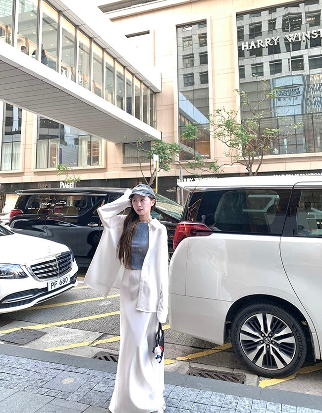 Wed. 人鱼姬流光 仿醋酸質感A字裙 白