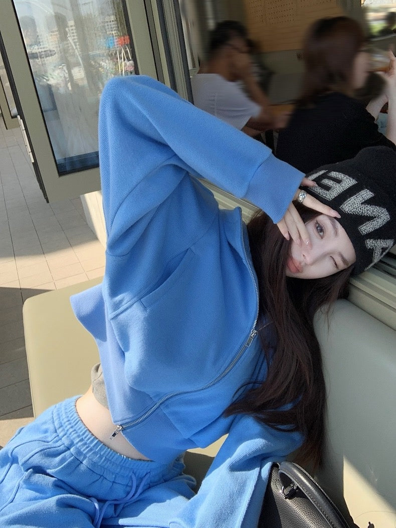 Wed. 慵懶週末outfits 時髦連帽落肩懶人套裝 藍