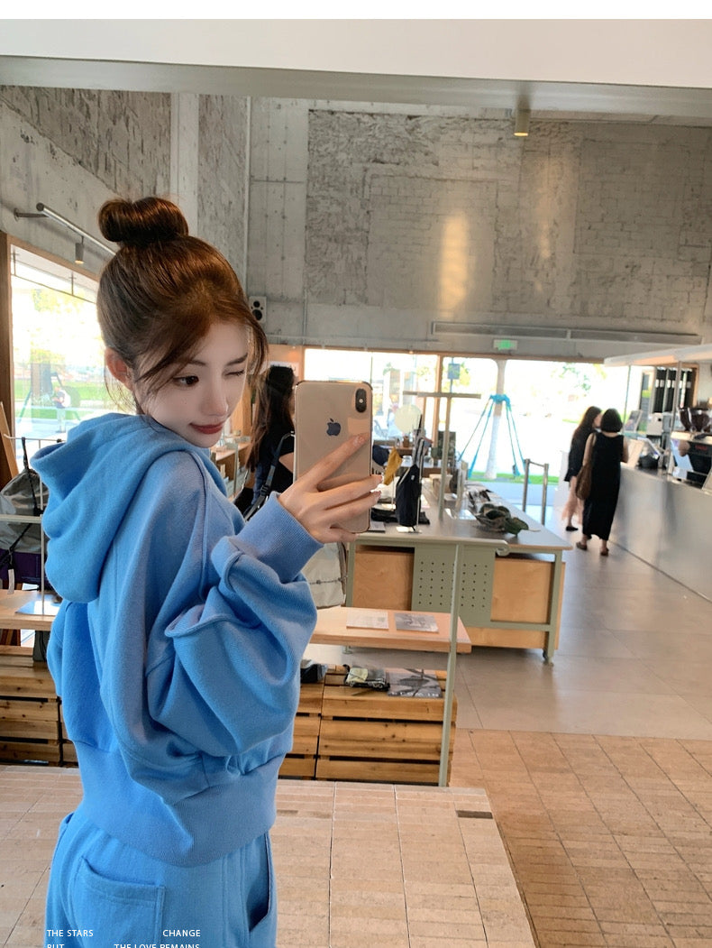 Wed. 慵懶週末outfits 時髦連帽落肩懶人套裝 藍