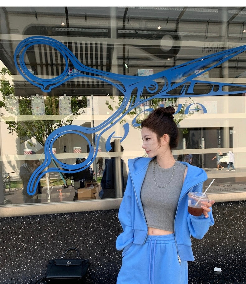 Wed. 慵懶週末outfits 時髦連帽落肩懶人套裝 藍
