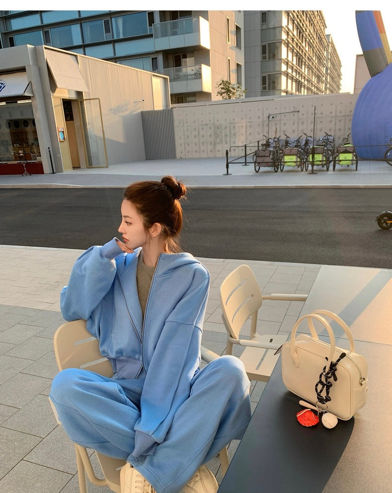 Wed. 慵懶週末outfits 時髦連帽落肩懶人套裝 藍