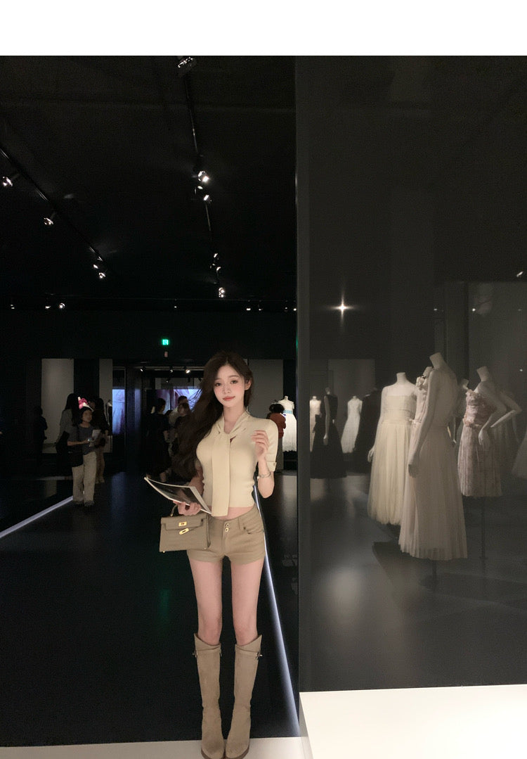 Wed. 韓chic女主播 飄帶修身五分袖針織上衣 杏