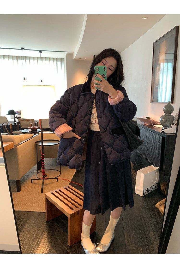 Sun. 菱格壓紋 正反兩穿襯衫領棉服 粉格
