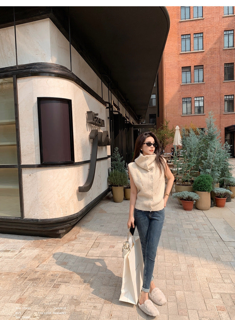 Sun. City Walk羊駝毛砂高領毛衣背心 米