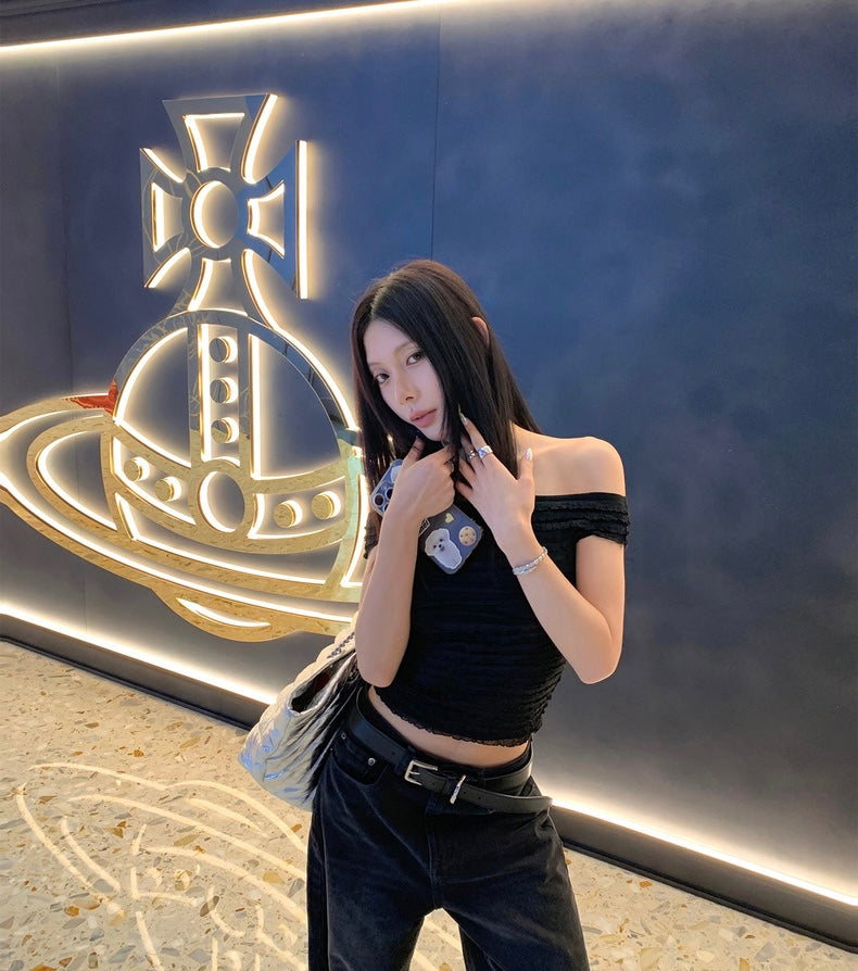 Tue. 千層花邊蛋糕一字領上衣 黑